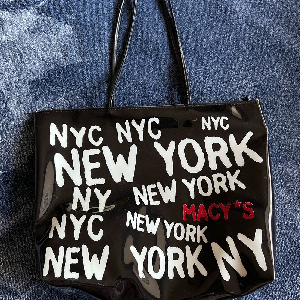 Macy's Vinyl Tote New York Black White Purse Zip Top Waterproof Department Store